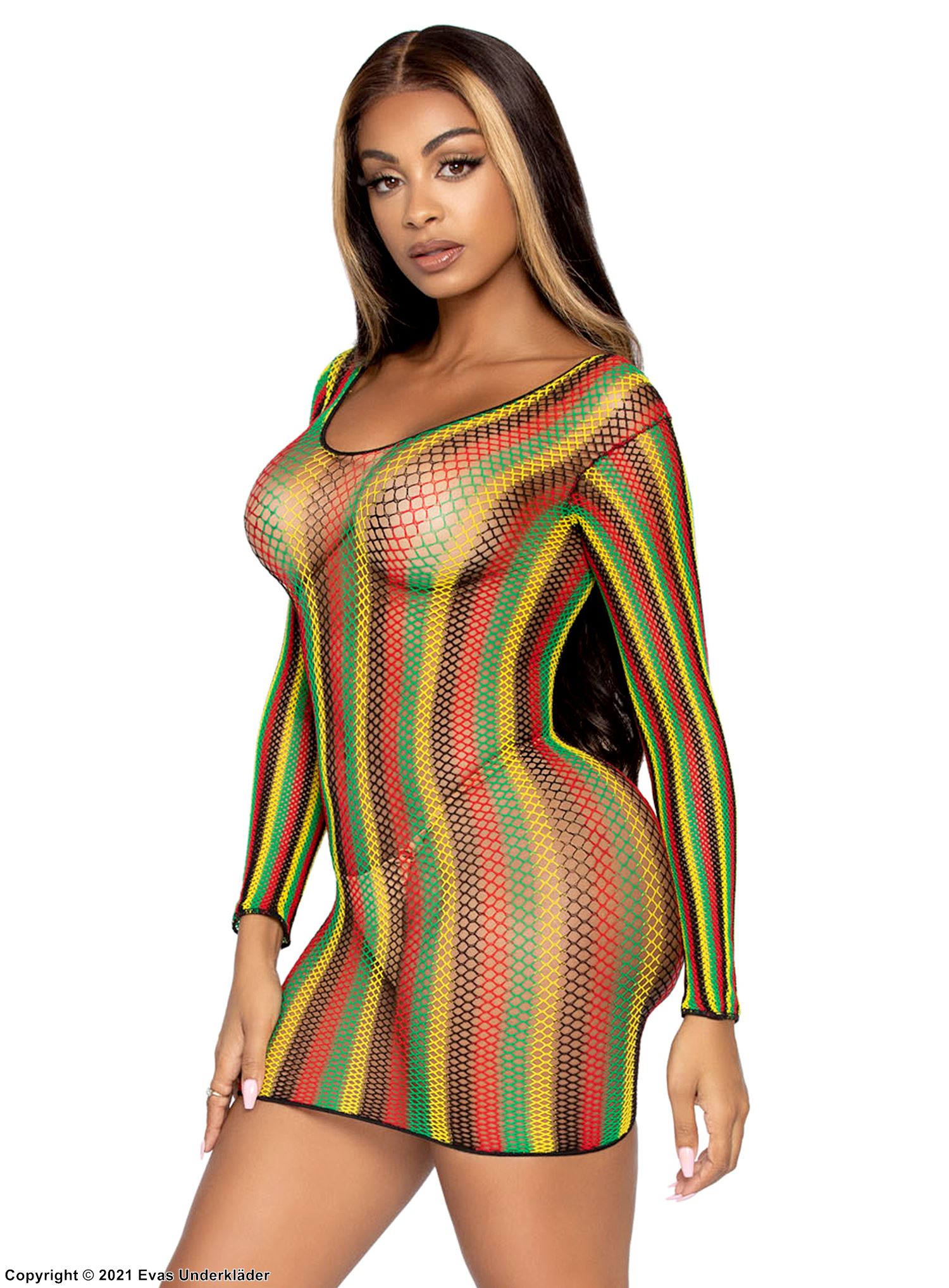 Revealing mini dress, net, long sleeves, scoop neck, vertical stripes